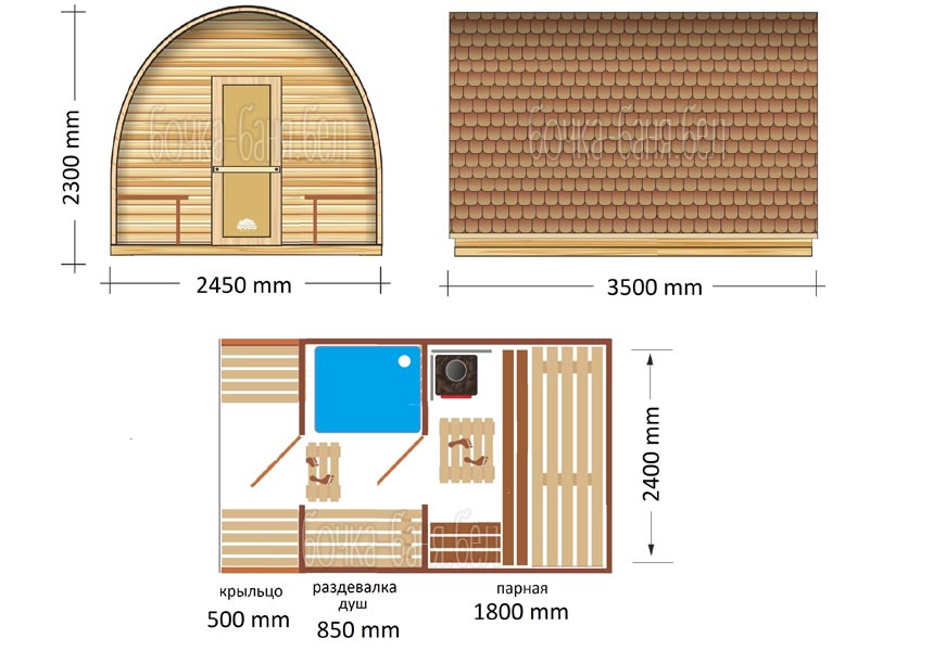 Арочная баня, модель 3,5 метра, планировка