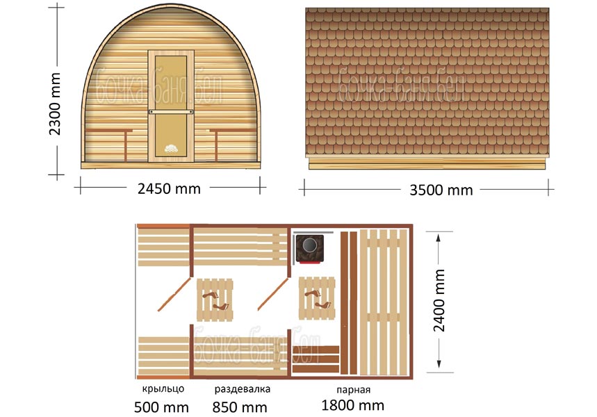 Арочная баня, модель 3,5 метра, планировка
